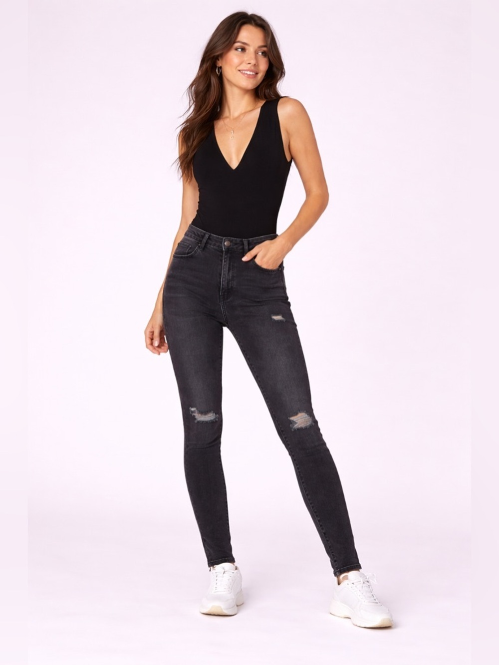 Good American Black Distressed Skinny Jeans High Rise Sz 2/26 Khloe K - Picture 4 of 12